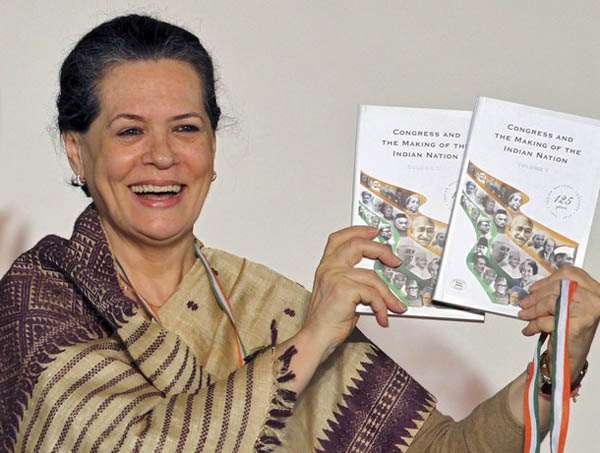 Chief of India's ruling Congress party Gandhi releases a book during the 83rd plenary session of Congress party in New Delhi